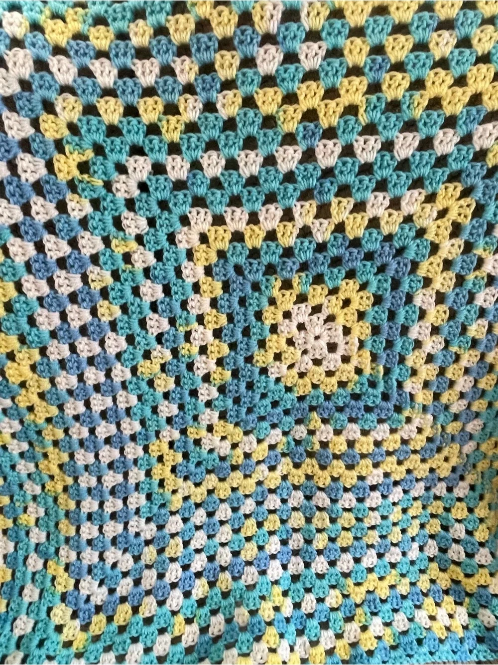 Crocheted Granny Square Throw Blanket - Blue, Yellow, White